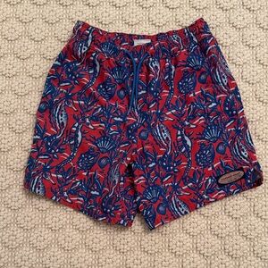 Vineyard Vines Red Swim Shorts with Blue Nautical Print